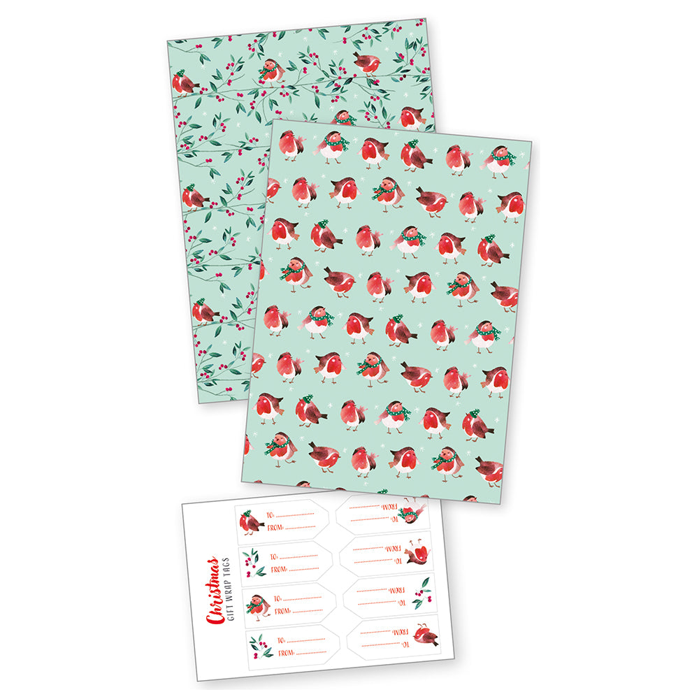 Winter Robins Christmas Gift Wrap - 4 Sheets with stickers