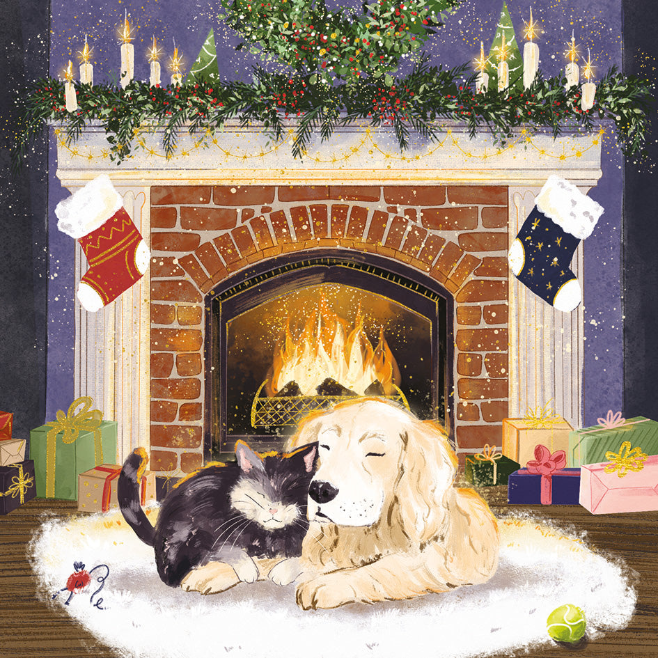 Cosy Christmas card featuring a golden retriever and black cat sleeping by a glowing fireplace with festive stockings.
