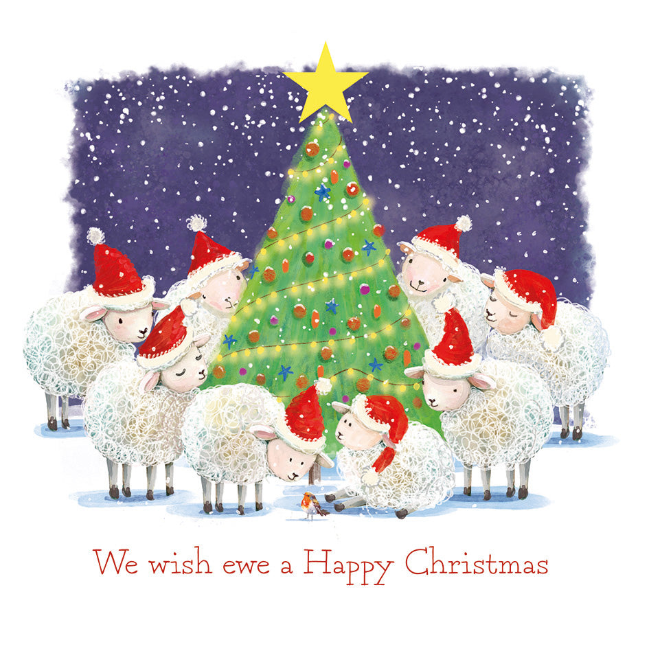 Flock of sheep in Santa hats gathered around a decorated Christmas tree on a square satin-finish charity greeting card.