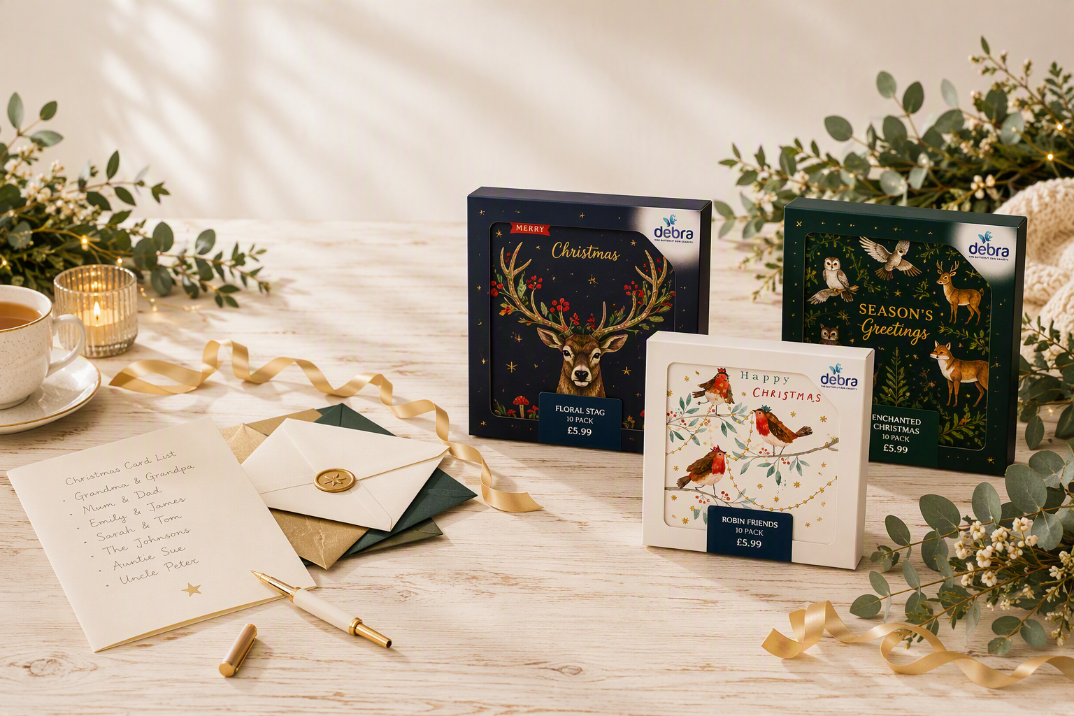 Boxed Christmas cards arranged on a light wood tabletop with eucalyptus leaves, a cup of tea, a candle, and stationery. The boxes include a dark blue Christmas box with a deer, robins and animals