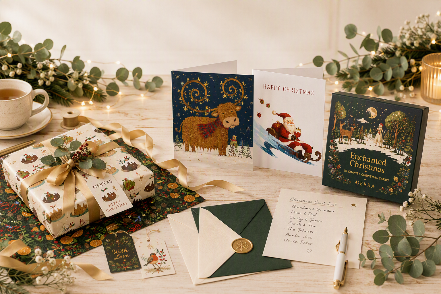 Festive Christmas cards, gift wrap, and envelopes decorated with whimsical winter illustrations and gold accents.