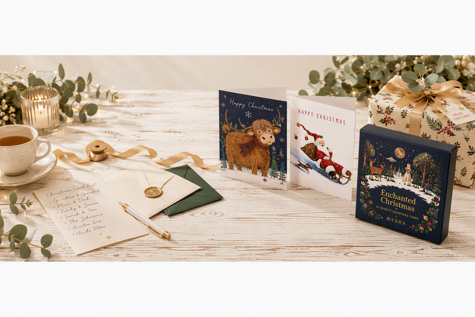 A styled holiday gift scene on a light wood tabletop with greeting cards, a wrapped gift box, a candle, a cup of tea, and stationery. 