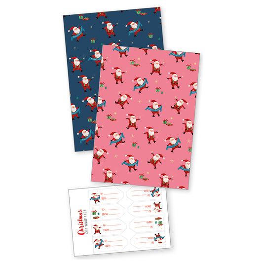 Santas Party Christmas Gift Wrap - 4 Sheets with stickers