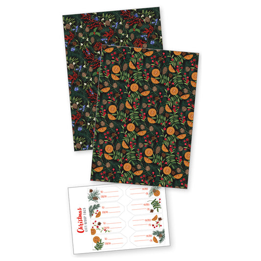 Winter Foliage Christmas Gift Wrap - 4 Sheets with stickers