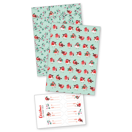 Winter Robins Christmas Gift Wrap - 4 Sheets with stickers