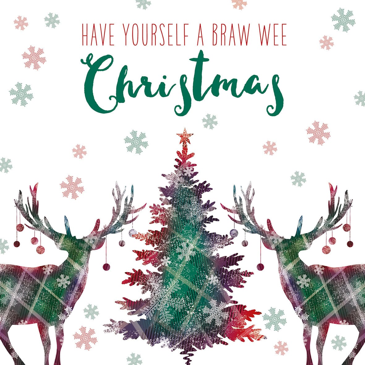 Square Christmas card with tartan reindeer and tree design, featuring the text Have Yourself a Braw Wee Christmas.