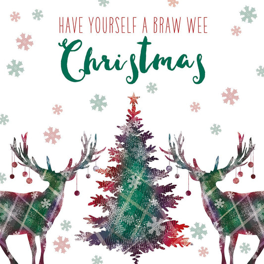 Square Christmas card with a tartan reindeer and tree design, featuring the text Have Yourself a Braw Wee Christmas.