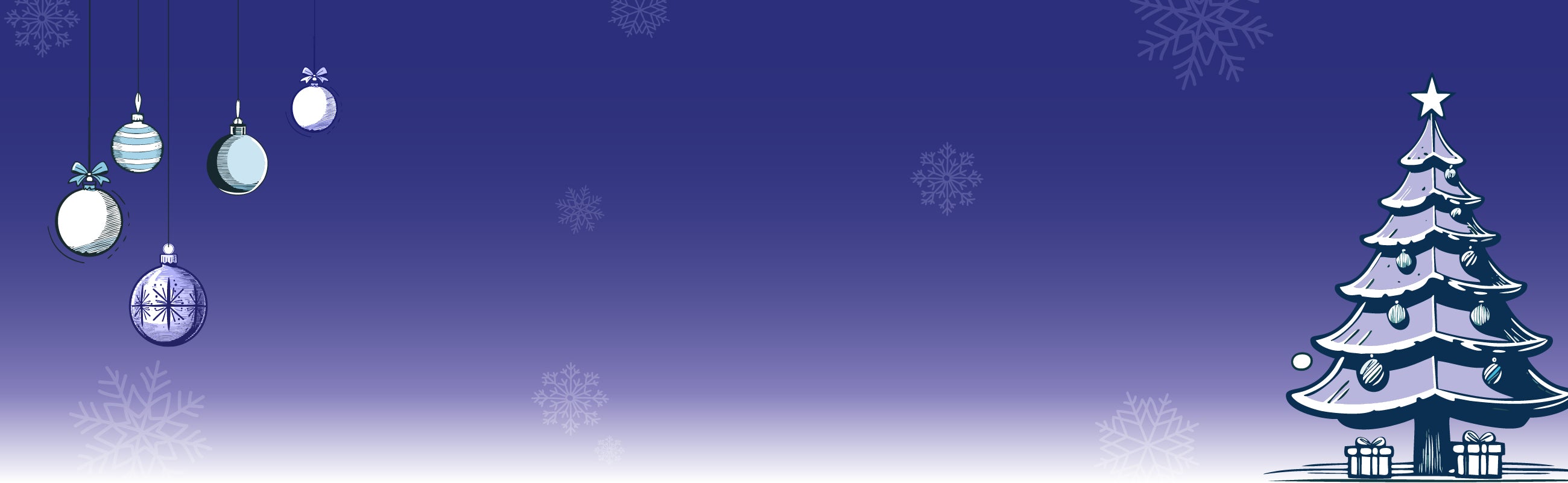 Christmas-themed banner with a tree, ornaments, and snowflakes on a blue gradient background.
