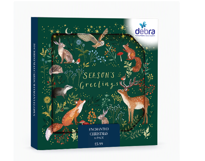 Pack of 10 Enchanted Christmas cards featuring woodland animals and gold foil details on a deep green background.