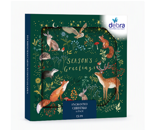 Pack of 10 Enchanted Christmas cards featuring woodland animals and gold foil details on a deep green background.