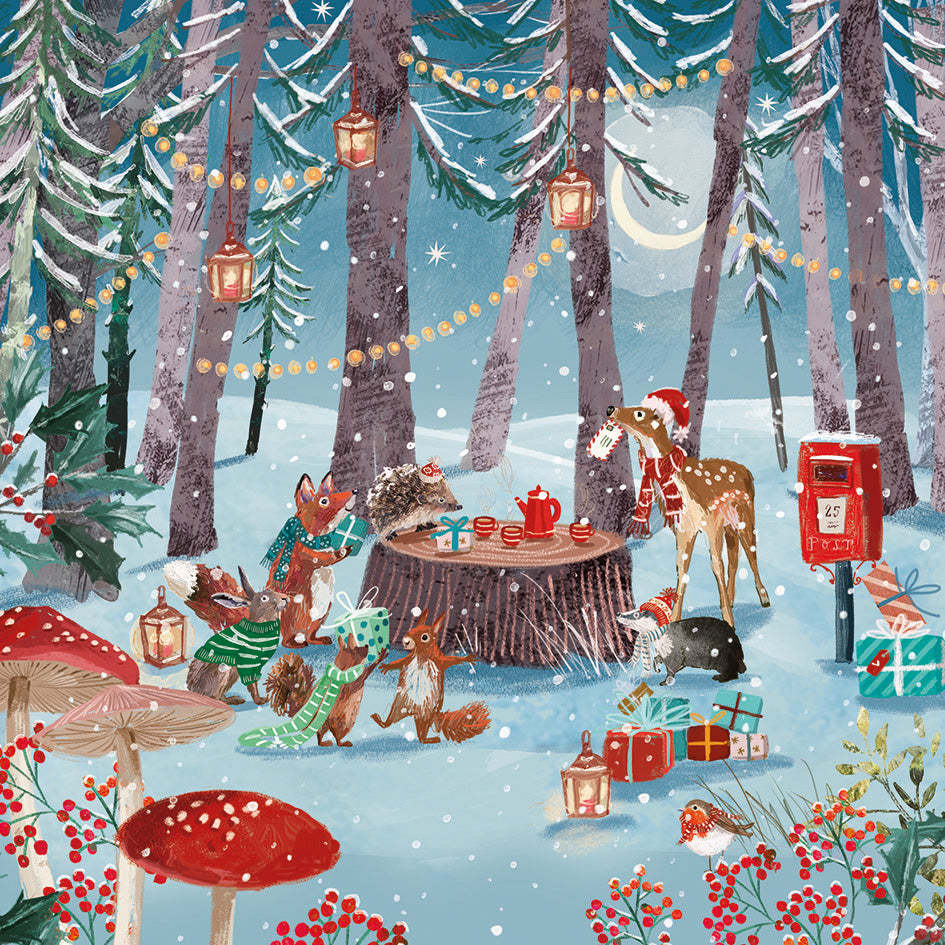 Festive woodland Christmas card featuring animals having a tea party in the snow, with a satin finish and red postbox.