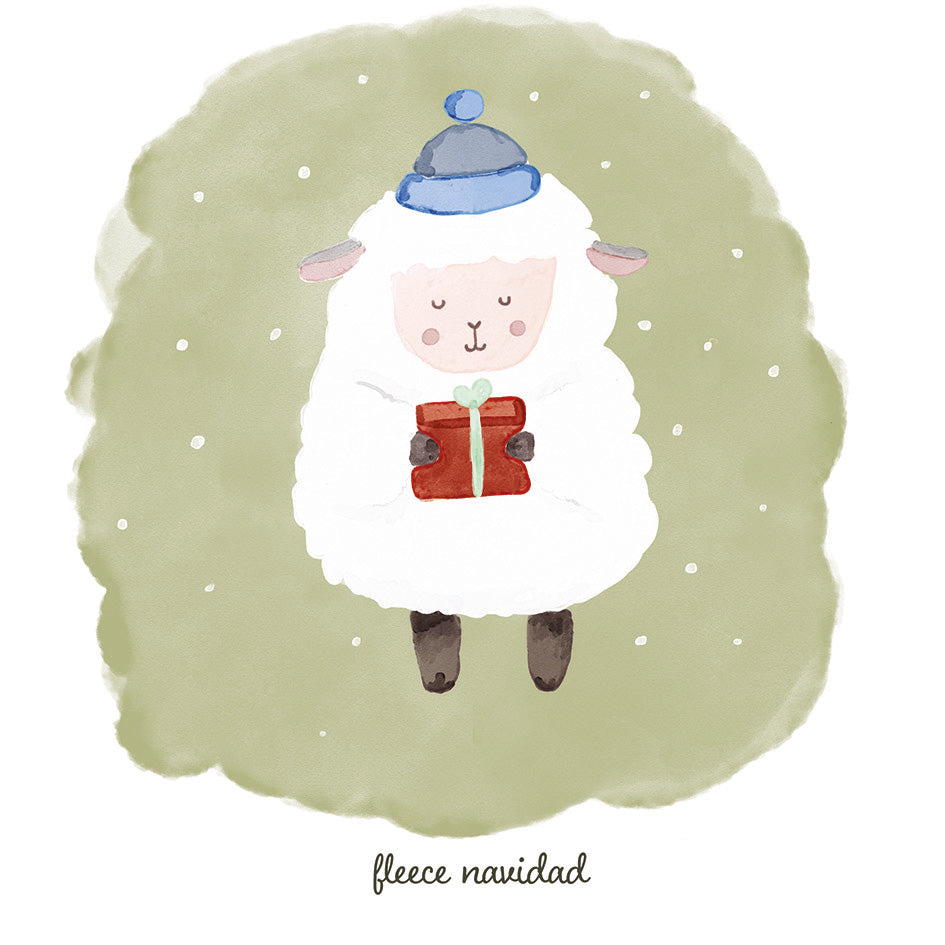 Watercolor illustration of a fluffy white sheep in a blue hat holding a red gift on a sage green background.