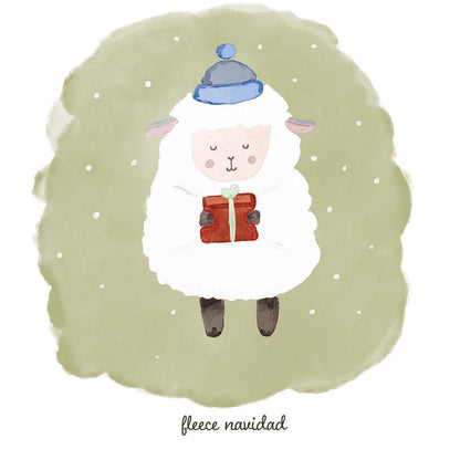 Watercolor illustration of a fluffy white sheep in a blue hat holding a red gift on a sage green background.