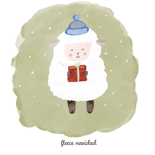 Watercolor illustration of a fluffy white sheep in a blue hat holding a red gift on a sage green background.