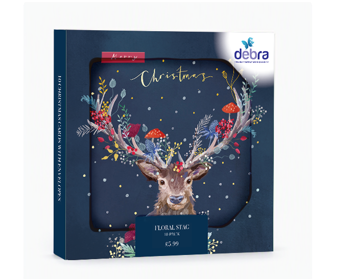 Box of 10 Floral Stag Christmas cards featuring a stag with gold foil floral antlers on a deep blue background.