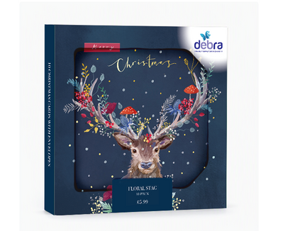 Box of 10 Floral Stag Christmas cards featuring a stag with gold foil floral antlers on a deep blue background.