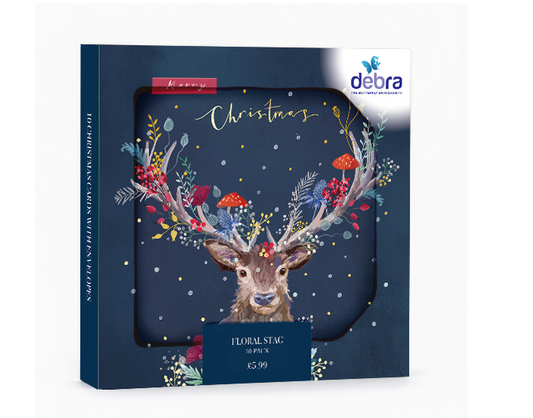 Box of 10 Floral Stag Christmas cards featuring a stag with gold foil floral antlers on a deep blue background.