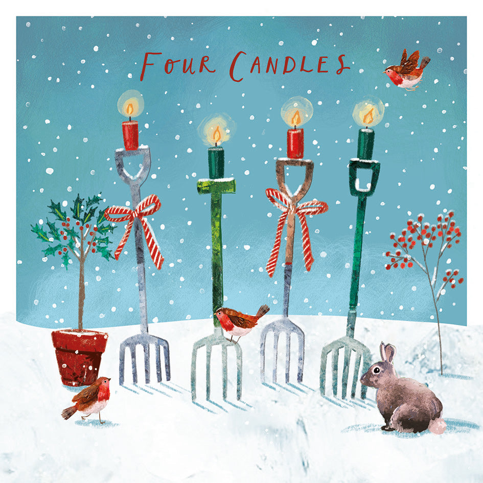 Square Christmas card featuring four garden forks topped with lit candles, robins, and a rabbit in a snowy blue landscape.