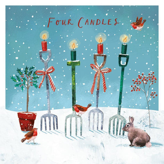Square Christmas card featuring four garden forks topped with lit candles, robins, and a rabbit in a snowy blue landscape.