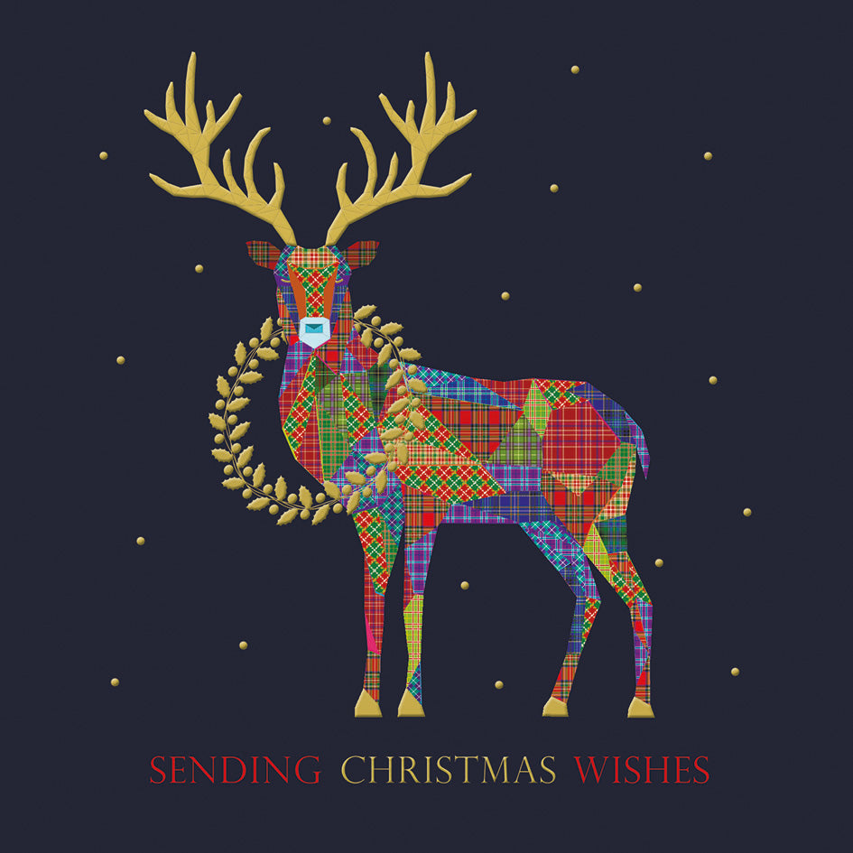 Majestic stag with gold antlers and a tartan patchwork body, wearing a gold holly wreath against a dark starry background.