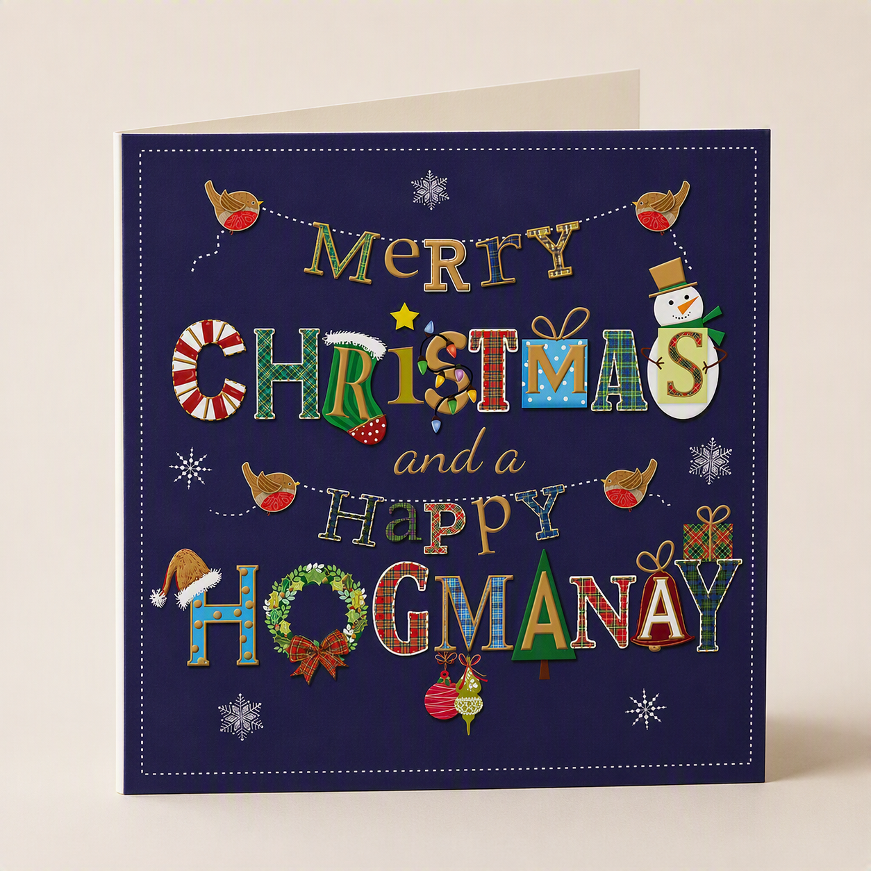 Square navy blue Christmas card featuring festive typography, tartan patterns, robins, and seasonal motifs.