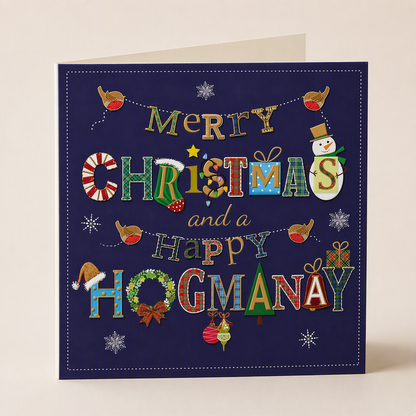 Square navy blue Christmas card featuring festive typography, tartan patterns, robins, and seasonal motifs.