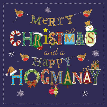 Festive Hogmanay charity card with colorful tartan letters, robins, and Christmas motifs on a dark blue satin-finish background.