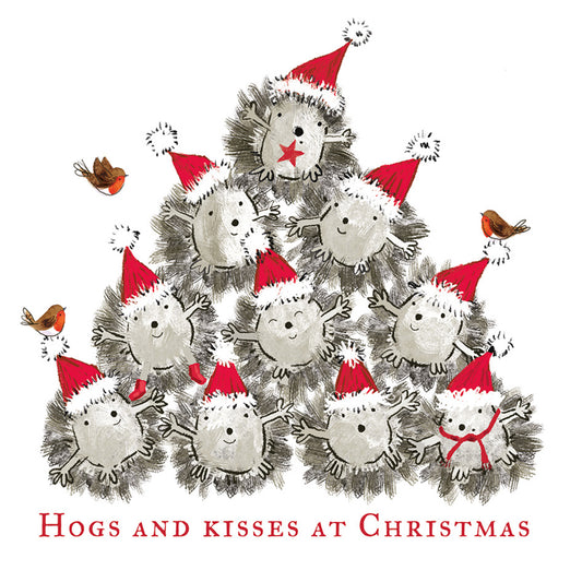 A stack of cute hedgehogs wearing red Santa hats and scarves, with robins on a white background, reading Hogs and Kisses.