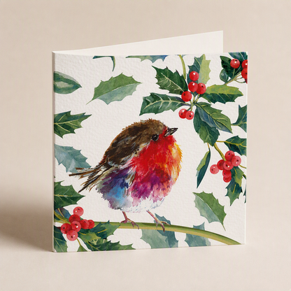 Square Christmas card featuring a watercolor robin surrounded by green holly leaves and red berries on a white background.