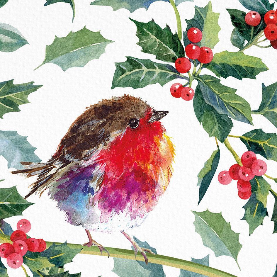Watercolor robin illustration surrounded by green holly leaves and red berries on a square 140mm Christmas card.