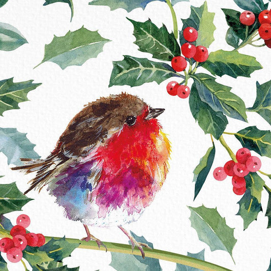 Watercolor robin illustration surrounded by green holly leaves and red berries on a square 140mm Christmas card.