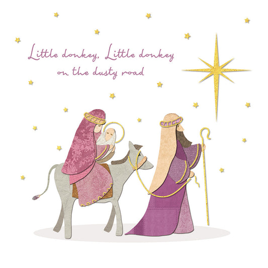Little Donkey charity Christmas card featuring Mary, Joseph, and a donkey under a golden star on a white background.