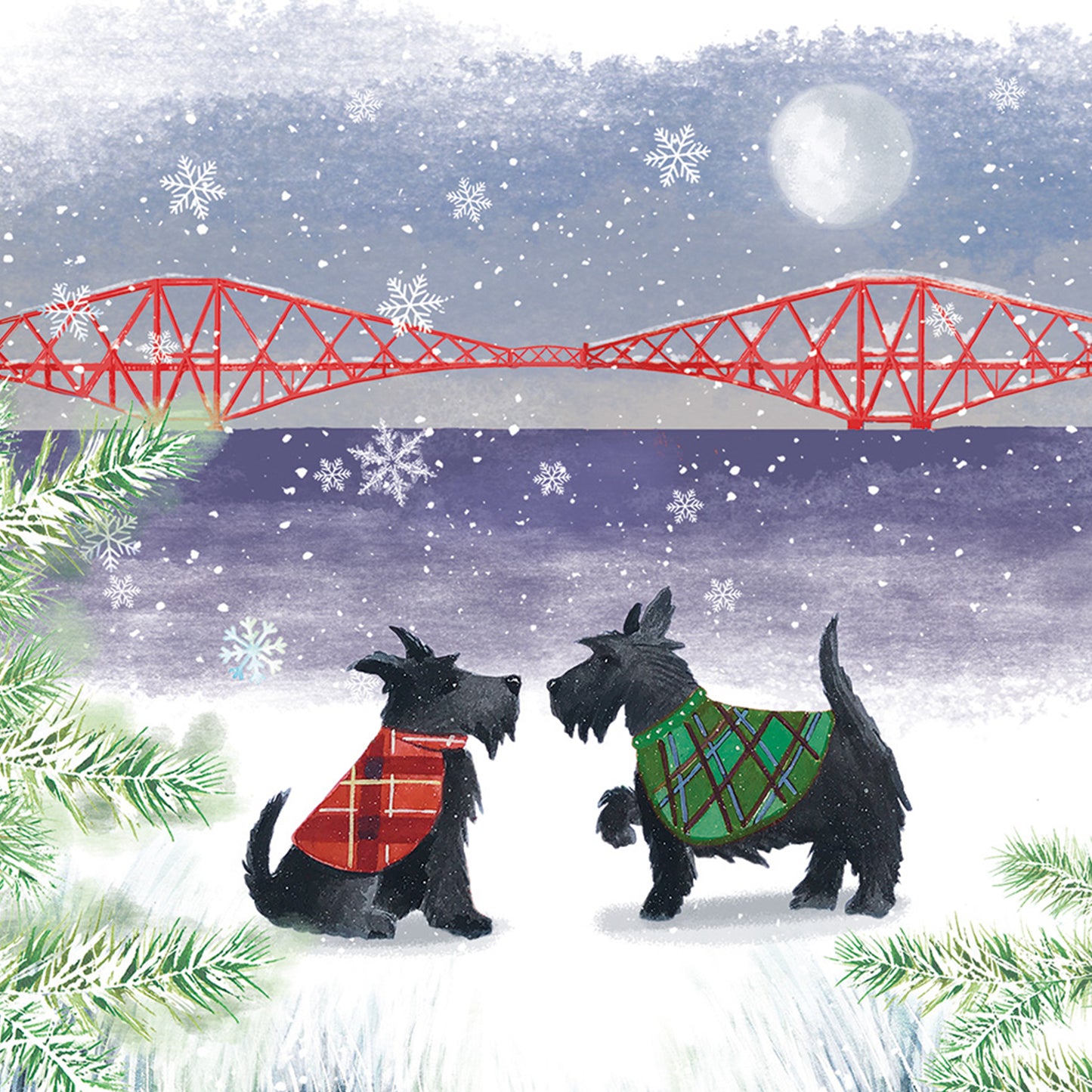 Two Scottie dogs in festive sweaters meet in the snow before the red Forth Road Bridge on a square Christmas card.