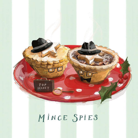Two mince pies dressed as spies with hats and glasses on a red plate, featured on a DEBRA charity Christmas card.