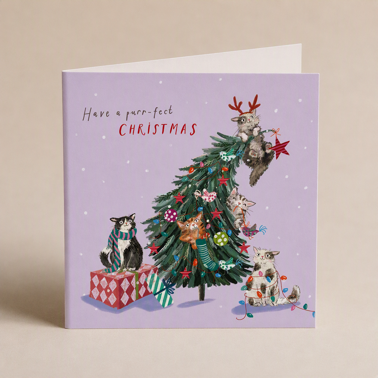 Square Christmas card with playful cats decorating a tree on a light purple background, 140mm size with a satin finish.
