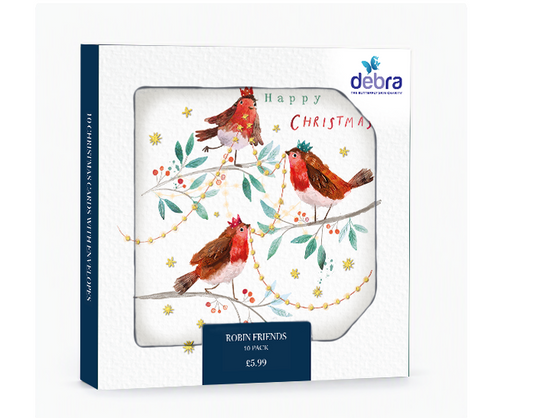 Box of 10 square Christmas cards featuring three robins on snowy branches with gold foil accents and festive text.