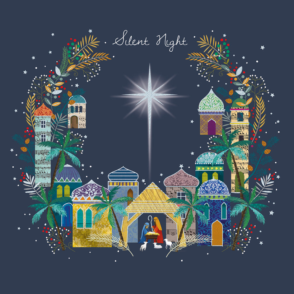 Bethlehem nativity scene with a shining star, colorful patterned buildings, and palm trees on a dark blue background.