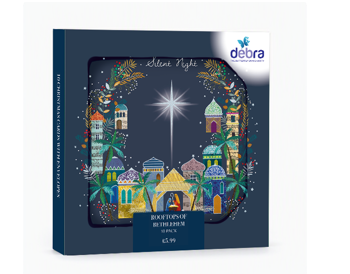 Pack of 10 Rooftops of Bethlehem charity Christmas cards featuring a festive night scene with silver foil details.