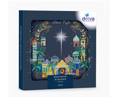 Pack of 10 Rooftops of Bethlehem charity Christmas cards featuring a festive night scene with silver foil details.