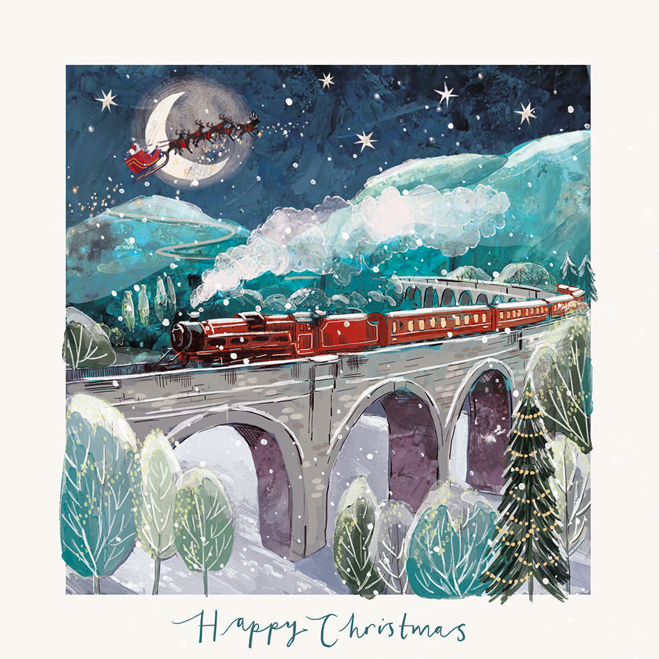 Santa Express Christmas card featuring a red steam train on a stone bridge under a snowy night sky with Santa and sleigh.