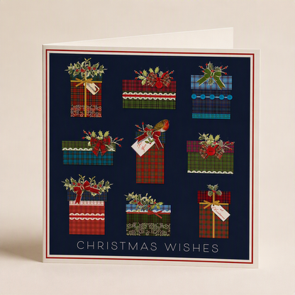 Square Christmas card with tartan gift illustrations, holly accents, and the text Christmas Wishes on a dark blue background.
