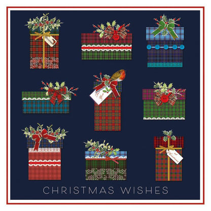 Pack of 10 square Christmas cards featuring festive gifts wrapped in colorful tartan patterns with holly, ribbons, and a robin.