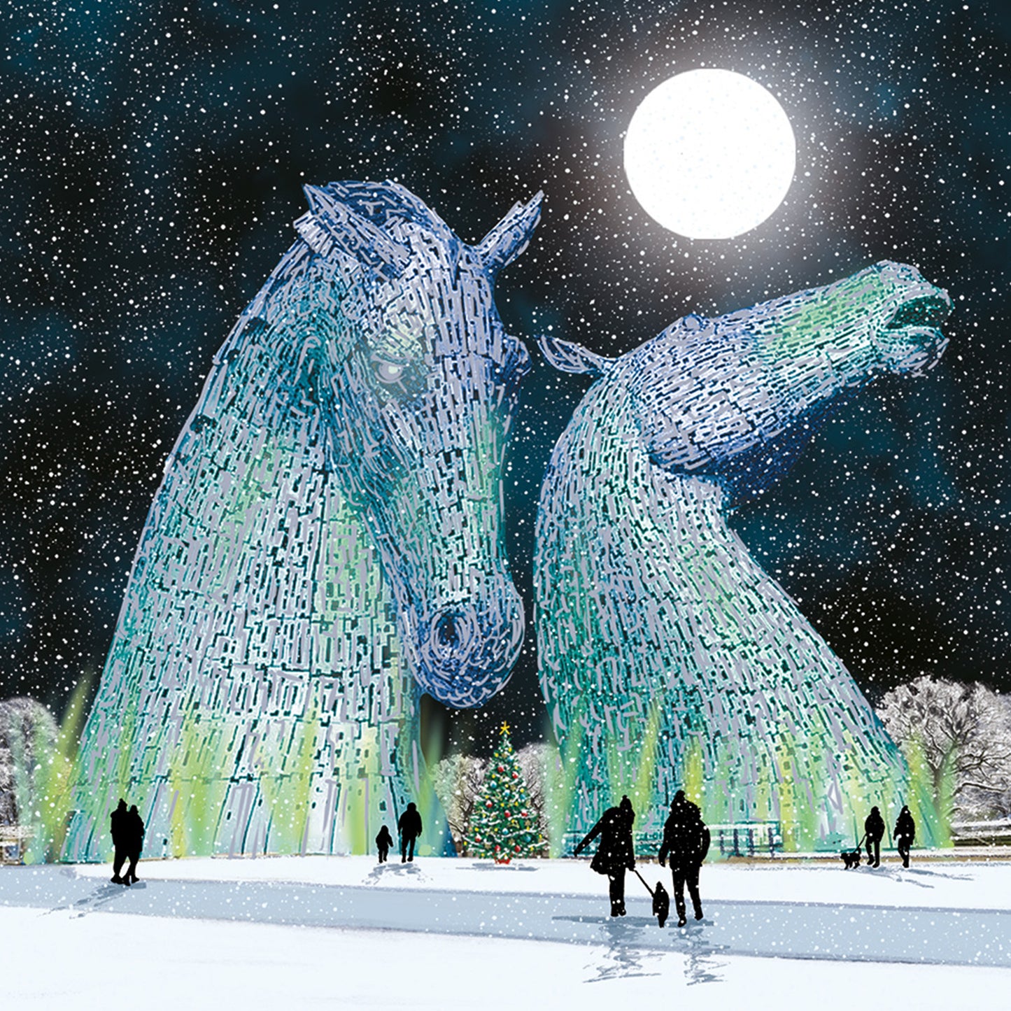 The Kelpies sculptures illuminated by a full moon in a snowy landscape with a small Christmas tree and silhouettes of people.