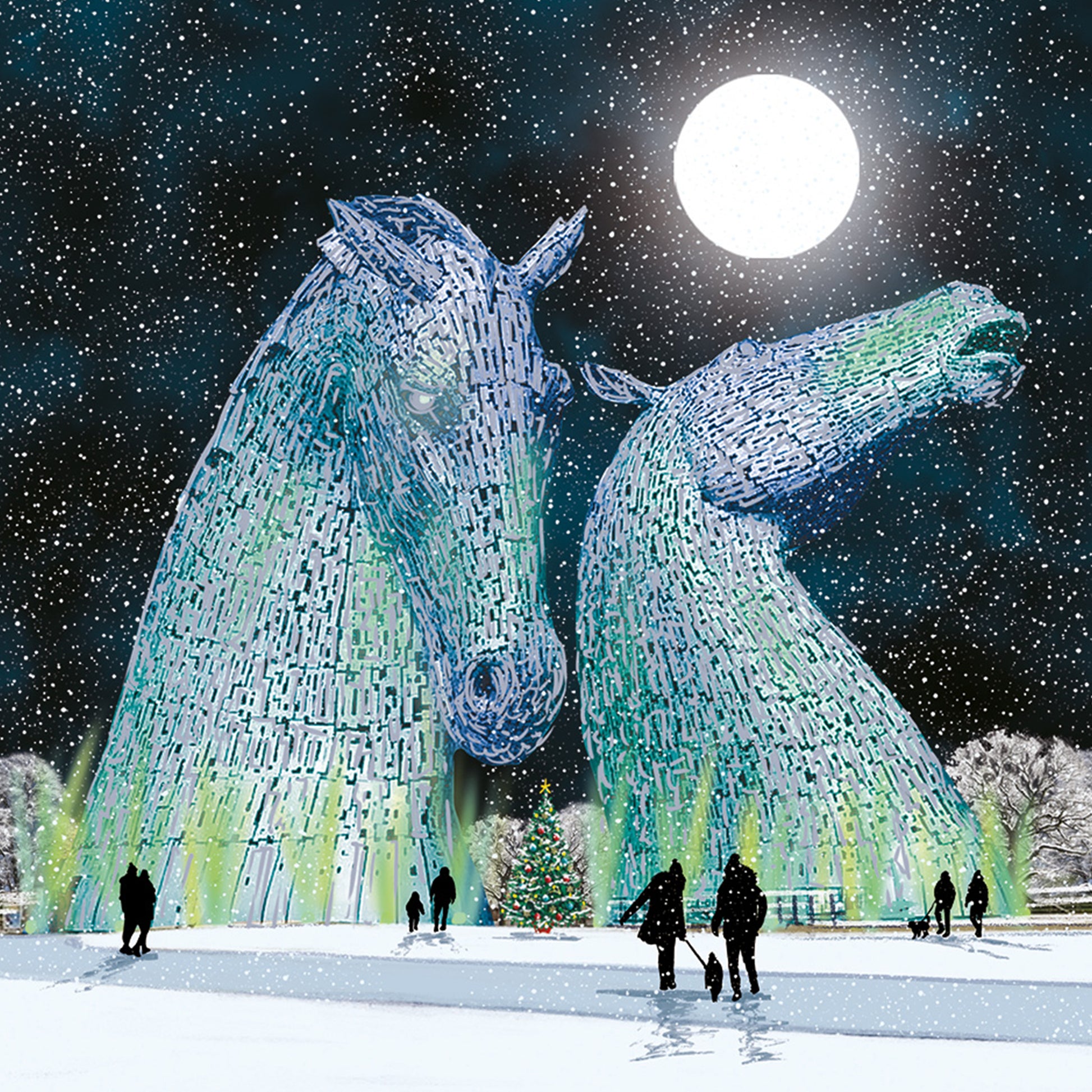 The Kelpies sculptures illuminated by a full moon in a snowy landscape with a small Christmas tree and silhouettes of people.