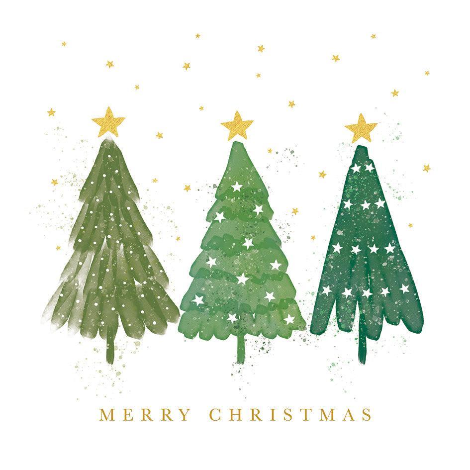Three green watercolor Christmas trees with biodegradable gold foil stars on a white background with Merry Christmas text.