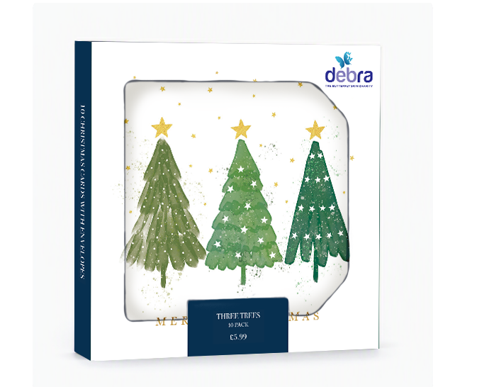 Pack of 10 square Christmas cards featuring three green trees with biodegradable gold foil stars in a plastic-free box.