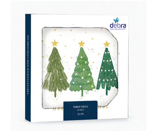 Pack of 10 square Christmas cards featuring three green trees with biodegradable gold foil stars in a plastic-free box.
