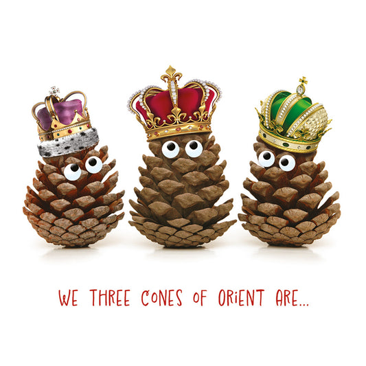 Three pine cones with googly eyes wearing ornate royal crowns on a white background for a humorous Christmas card.