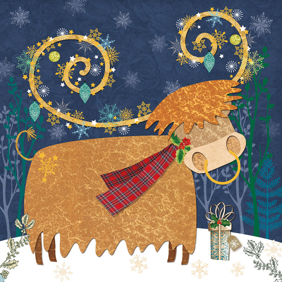 Highland cow in a tartan scarf against a navy winter sky with golden snowflakes, holly, and a gift on a square Christmas card.