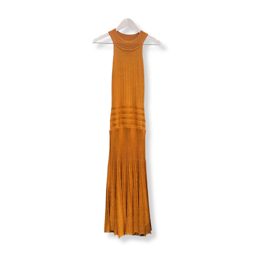 CY Sleeveless Fitted Deep Orange Metallic Maxi Dress - #1008 - DEBRA Online